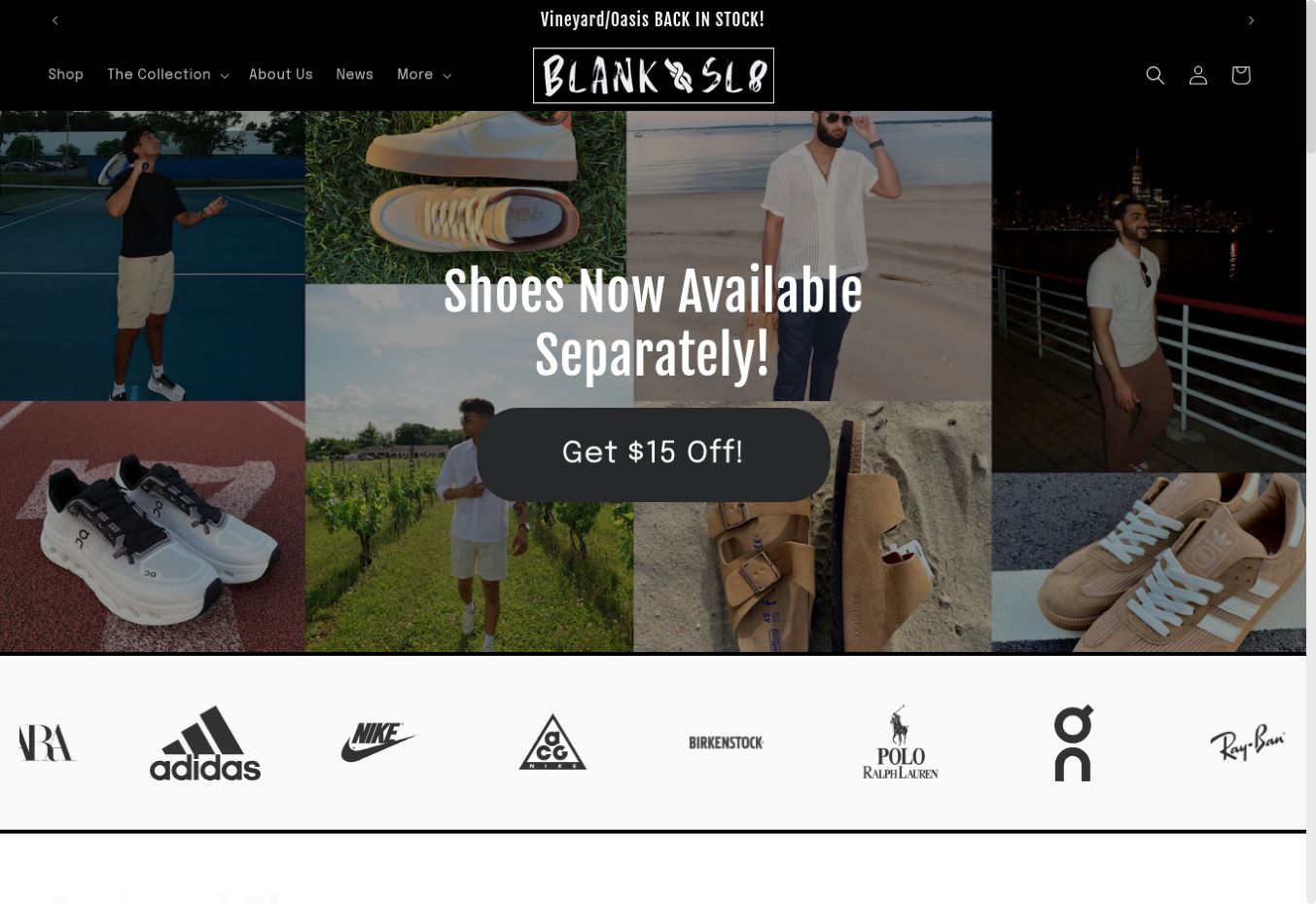 Actual BlankSL8 homepage with its shopping navigation and shoe campaign